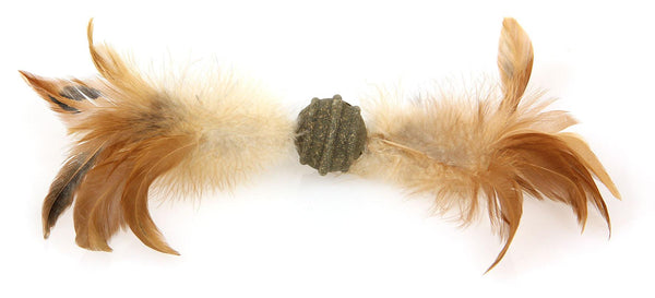 Catnip ball with tufts of feathers