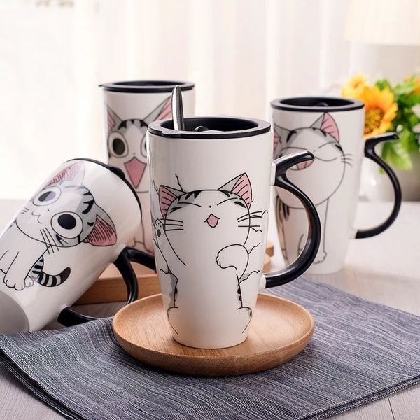 Mug imprime chat + couvercle + cuillere porcelain blanc / noir