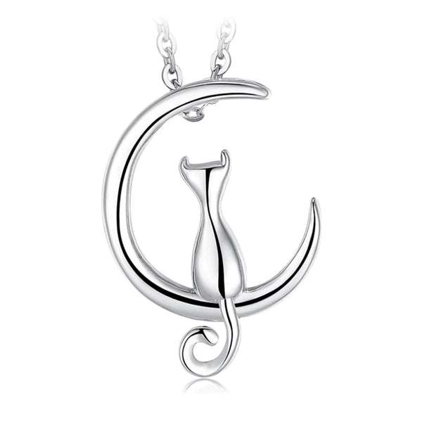 Silver Necklace with Cat in Crescent Moon