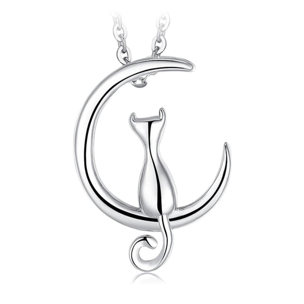 Collier en argent avec un chaton et croissant de lune