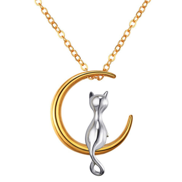Gold Necklace with Cat in Crescent Moon