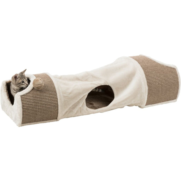 Scratch tunnel with 2 caves, plush/sisal carpet, 110 × 30 × 38 cm, light grey/brown