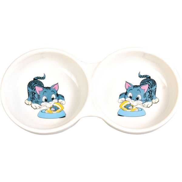 4x double bowl with cartoon cat with bowl, ceramic