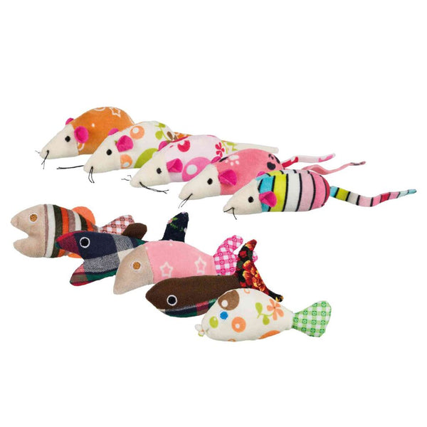 Souris/poisson, peluche/tissu, herbe à chat, 9-12 cm