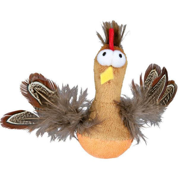 Poulet debout avec puce/plumes en peluche pour chat 10 cm