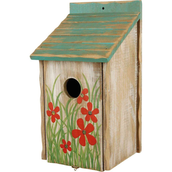 Nest box, painted, wood, 15 × 28 × 14 cm/ø 3.3 cm