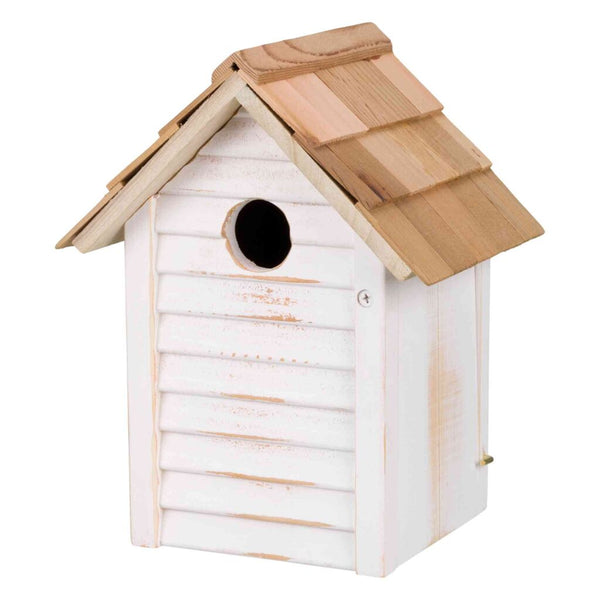 Nest box, little house, wood, 18 × 24 × 15 cm/ø 3 cm, white