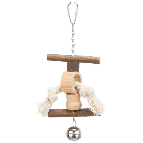 3x toys with chain, rope and bell, bark wood, 20 cm