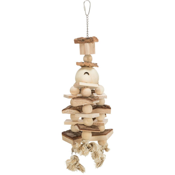 3x toys on chain, with rope and beads, wood/cork, 35 cm