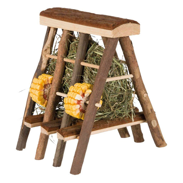 Hay rack with hay, bark wood, 17 × 20 × 17 cm