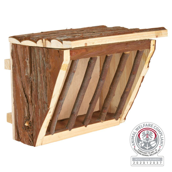 Hanging hay rack with lid, bark wood, 20×15×17 cm