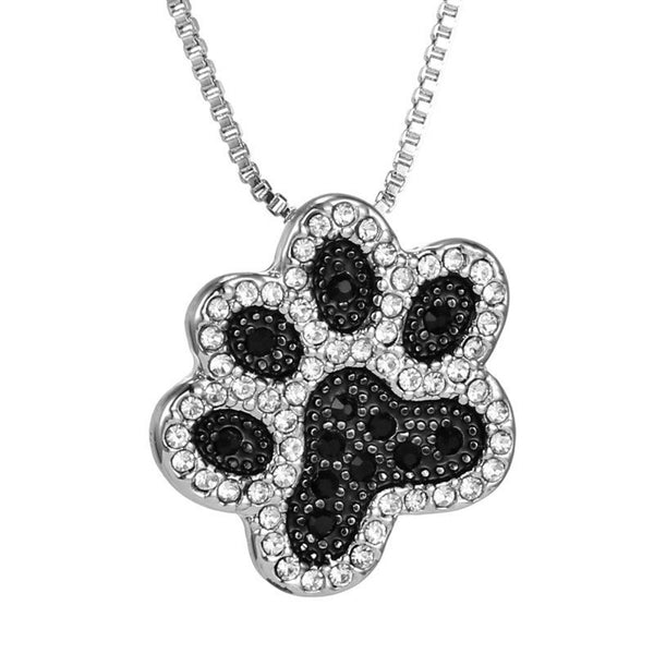 Silver Necklace with Black Paw Print Pendant and Crystals