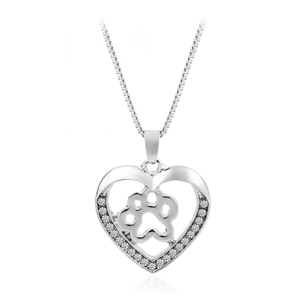 Silver Paw Print in Love Heart Pendant Necklace with crystals