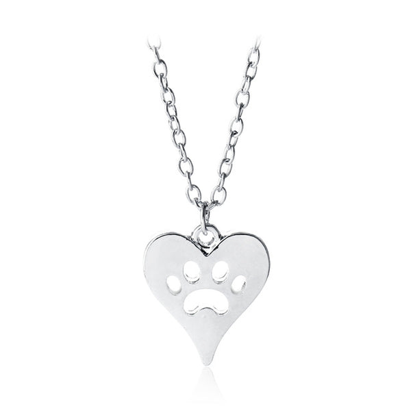 Silver Necklace with Paw Print in Love Heart
