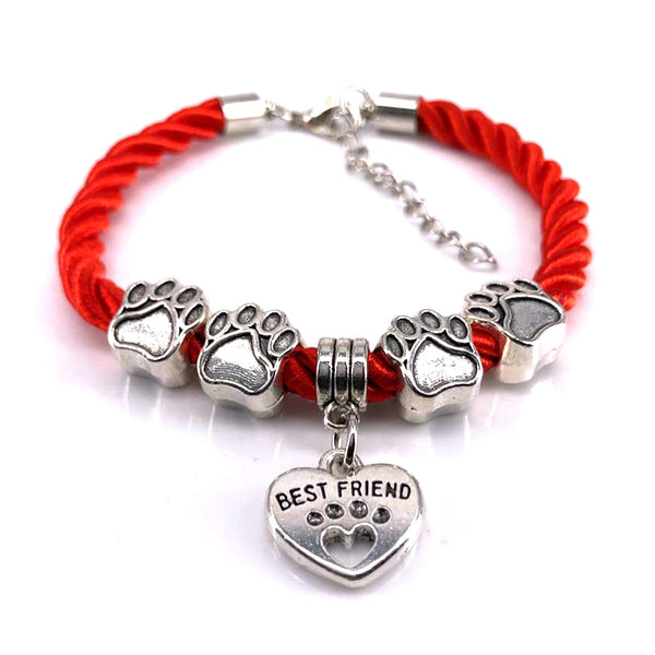 Red Bracelet with Heart Pendant and Paws